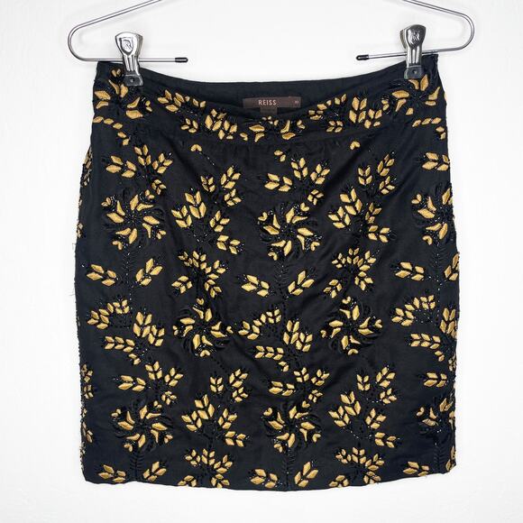 Reiss Opera Black Beaded Gold Leaf Floral Embroidered Mini Pencil Skirt 10 - Picture 2 of 13